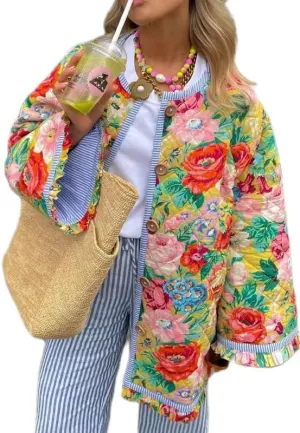 NUFIWI Women Floral Print Cropped Quilted Jacket Cardigan Vintage Open Front Padded Puffler Coat Lightweight Casual Outwear