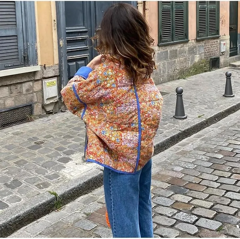 NUFIWI Women Floral Print Cropped Quilted Jacket Cardigan Vintage Open Front Padded Puffler Coat Lightweight Casual Outwear