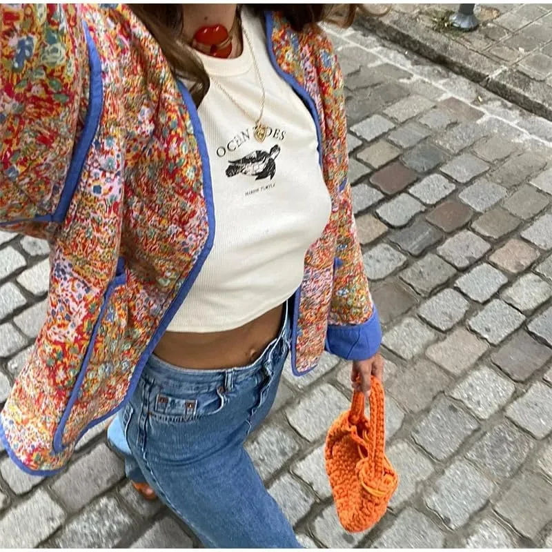 NUFIWI Women Floral Print Cropped Quilted Jacket Cardigan Vintage Open Front Padded Puffler Coat Lightweight Casual Outwear