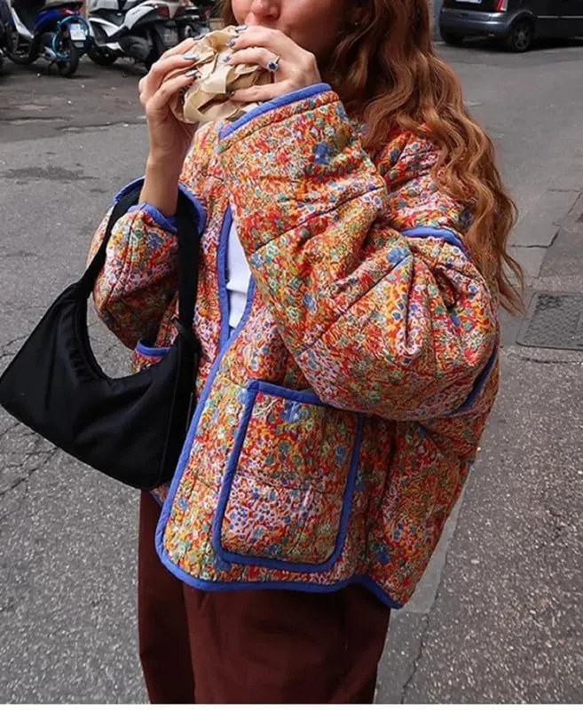 NUFIWI Women Floral Print Cropped Quilted Jacket Cardigan Vintage Open Front Padded Puffler Coat Lightweight Casual Outwear