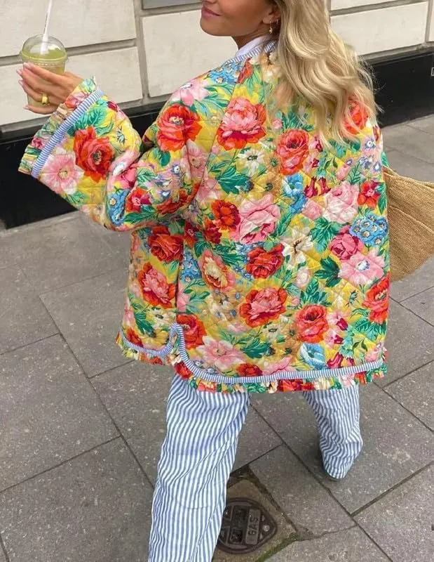 NUFIWI Women Floral Print Cropped Quilted Jacket Cardigan Vintage Open Front Padded Puffler Coat Lightweight Casual Outwear