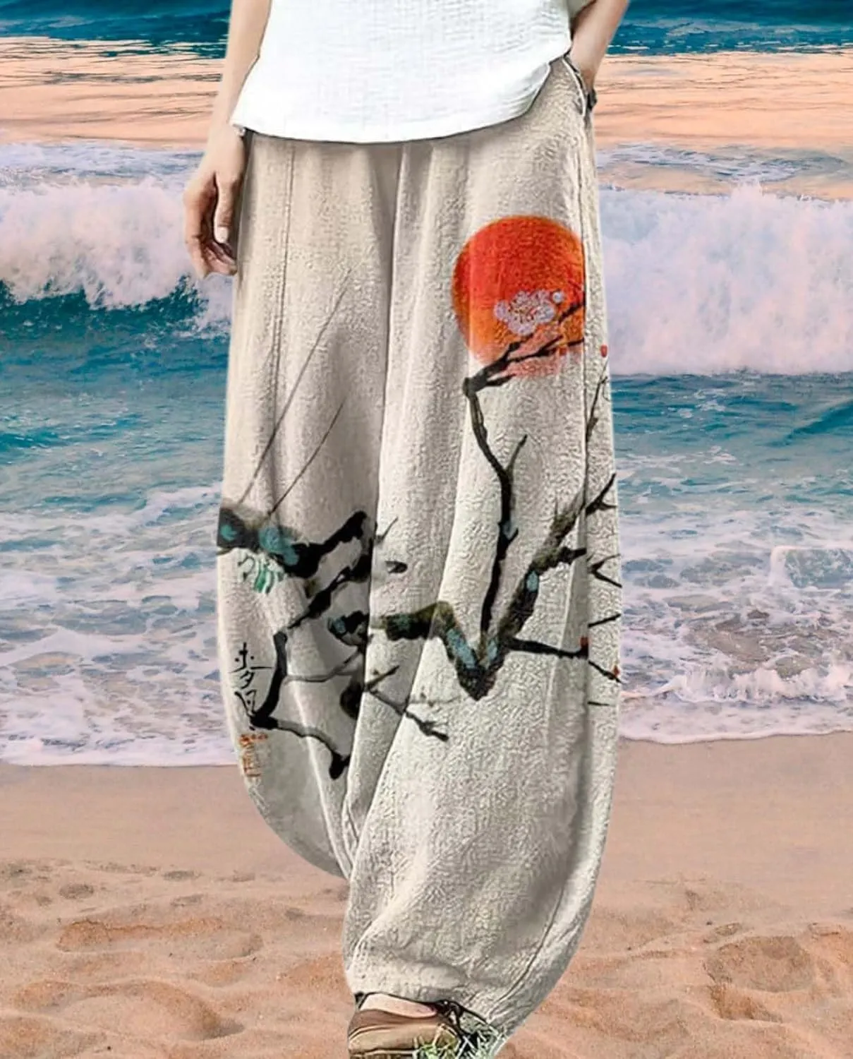 Ocean Print Cargo Pants for Women Cotton Linen Japanese Baggy Trouser Casual Boho Oil Painting Pants Wide Leg