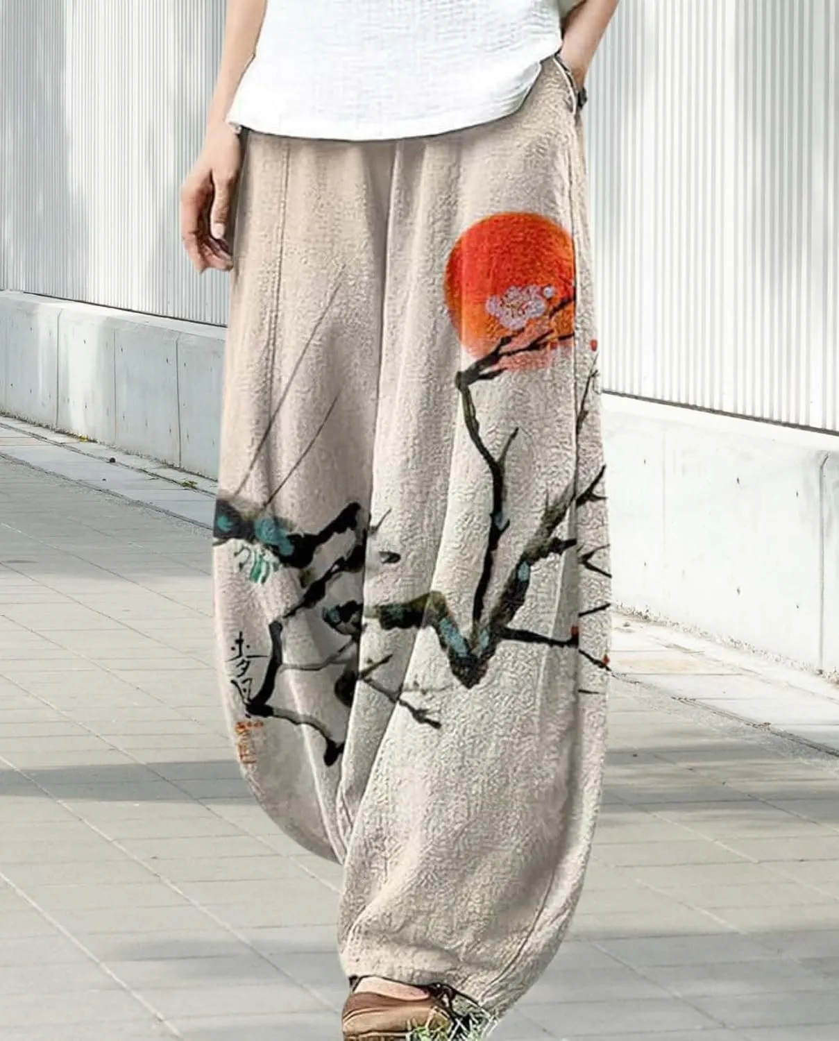 Ocean Print Cargo Pants for Women Cotton Linen Japanese Baggy Trouser Casual Boho Oil Painting Pants Wide Leg