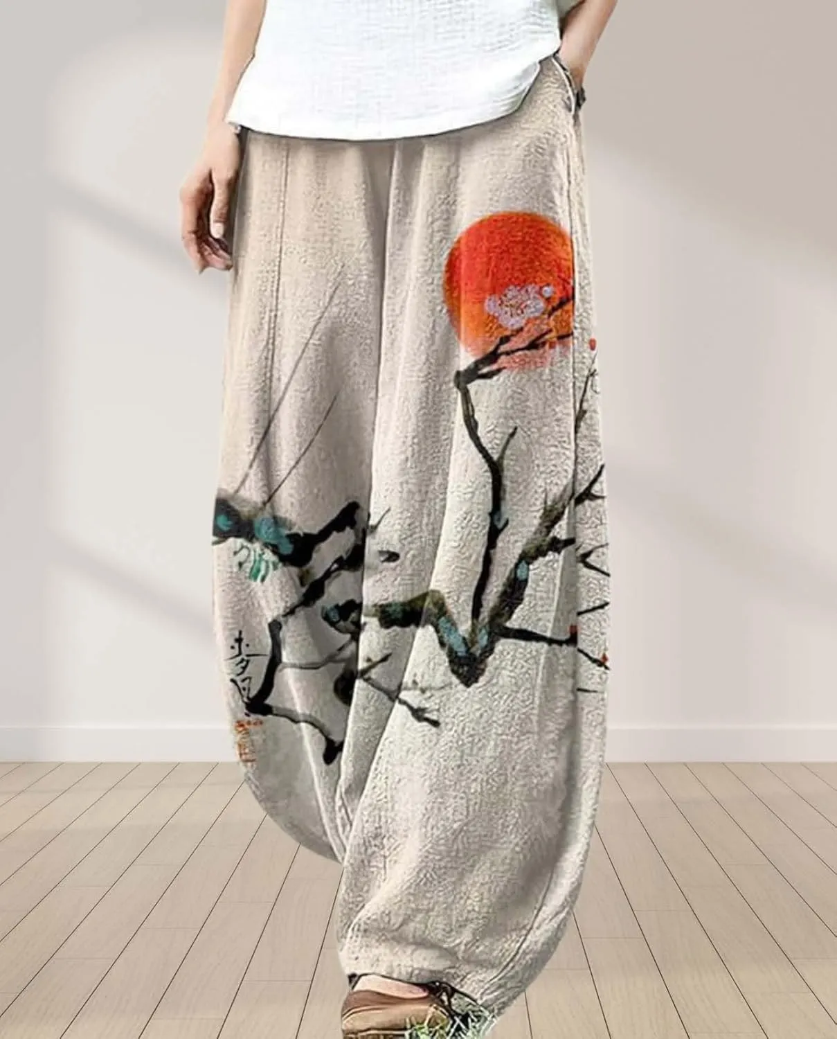 Ocean Print Cargo Pants for Women Cotton Linen Japanese Baggy Trouser Casual Boho Oil Painting Pants Wide Leg