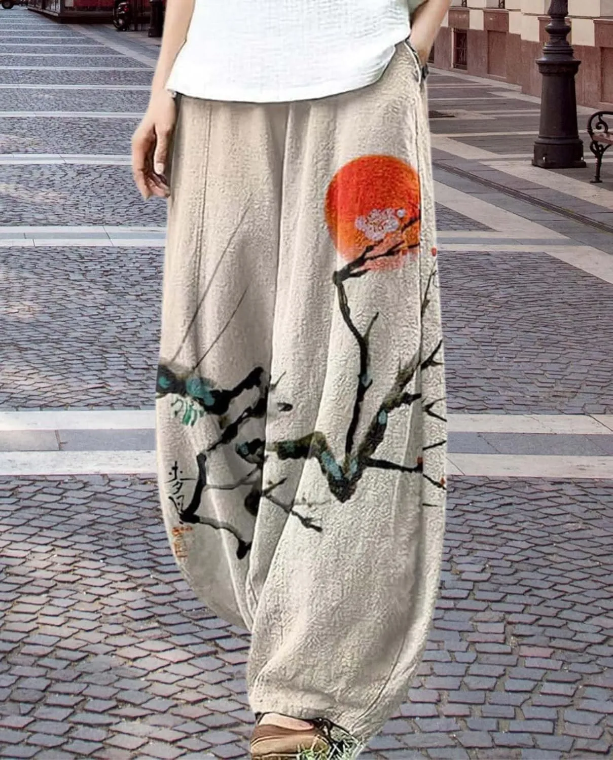 Ocean Print Cargo Pants for Women Cotton Linen Japanese Baggy Trouser Casual Boho Oil Painting Pants Wide Leg