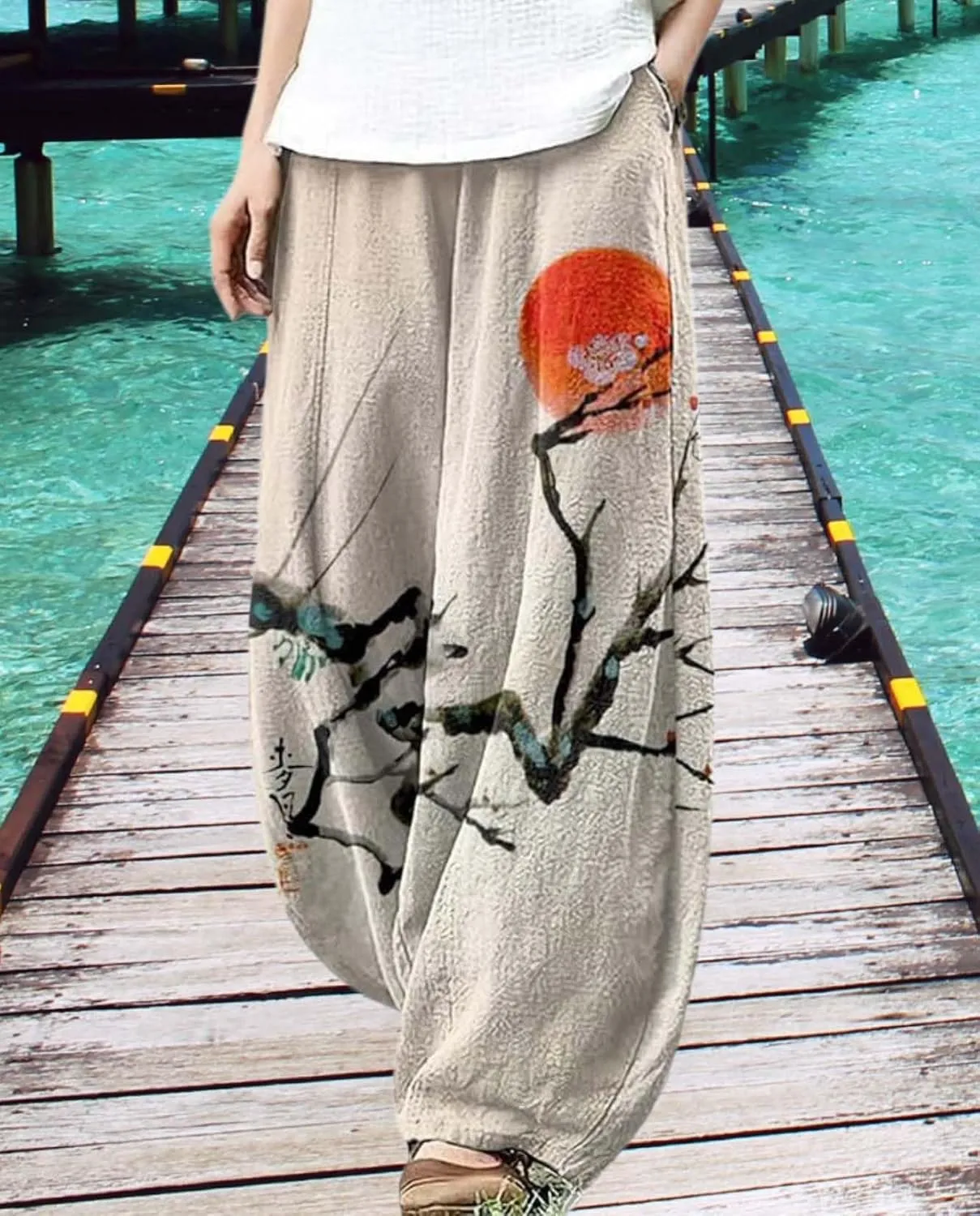 Ocean Print Cargo Pants for Women Cotton Linen Japanese Baggy Trouser Casual Boho Oil Painting Pants Wide Leg