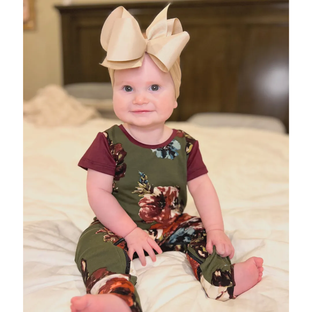 Olive Floral Zip Baby Romper
