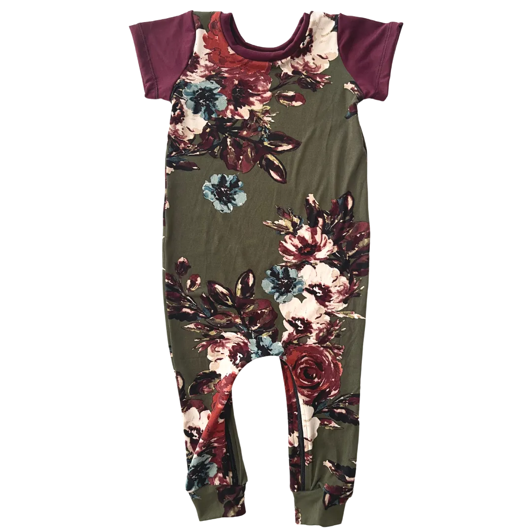 Olive Floral Zip Baby Romper