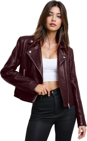 Olivia Miller Women's Faux Leather Moto Biker Jacket Long Sleeve Zip Jacket