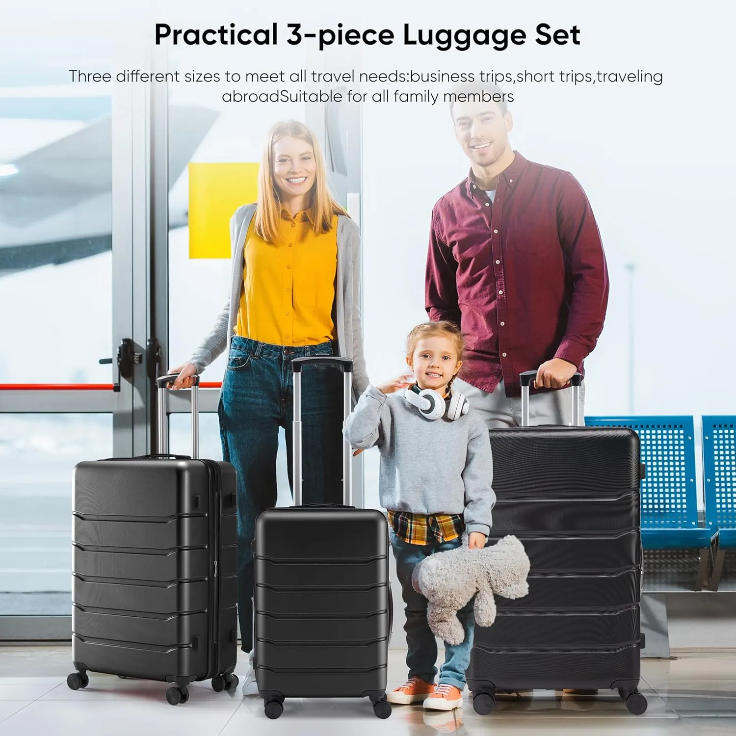 OLIXIS 3-Piece Luggage Set, 20/24/28 Inch Hardside Suitcases with Spinner Wheels, Lightweight ABS Hard Shell Travel Luggage, TSA Approved Lock, Expandable Carry-On & Checked LuggageBlack