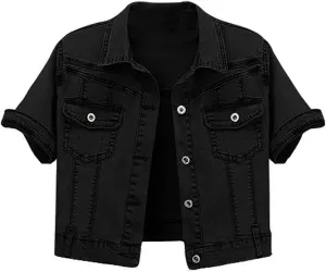 Omoone Women's Summer Short Sleeve Slim Crop Denim Trucker Jacket Jean Coat Tops
