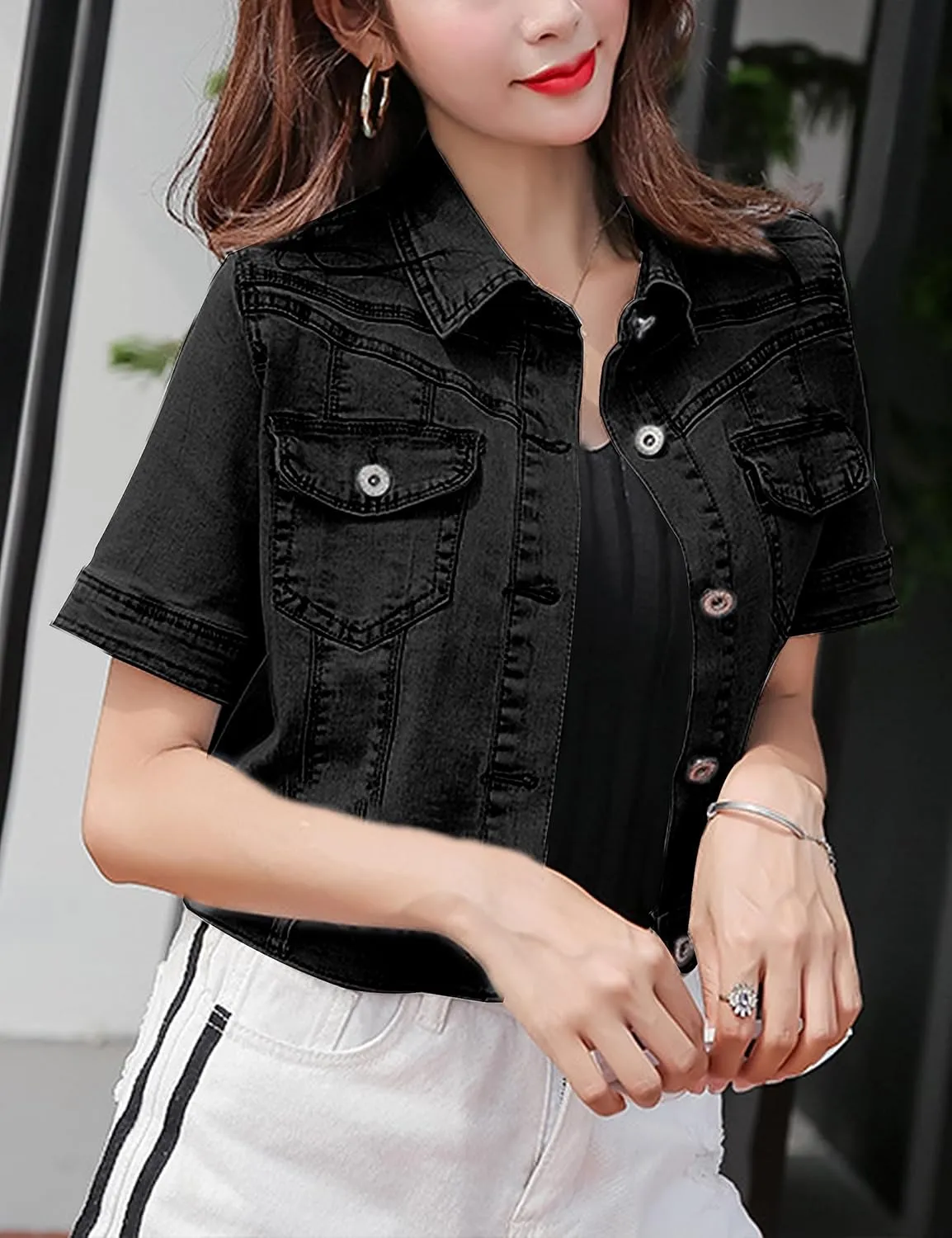 Omoone Women's Summer Short Sleeve Slim Crop Denim Trucker Jacket Jean Coat Tops