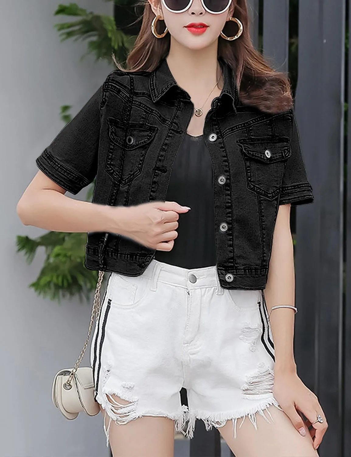 Omoone Women's Summer Short Sleeve Slim Crop Denim Trucker Jacket Jean Coat Tops