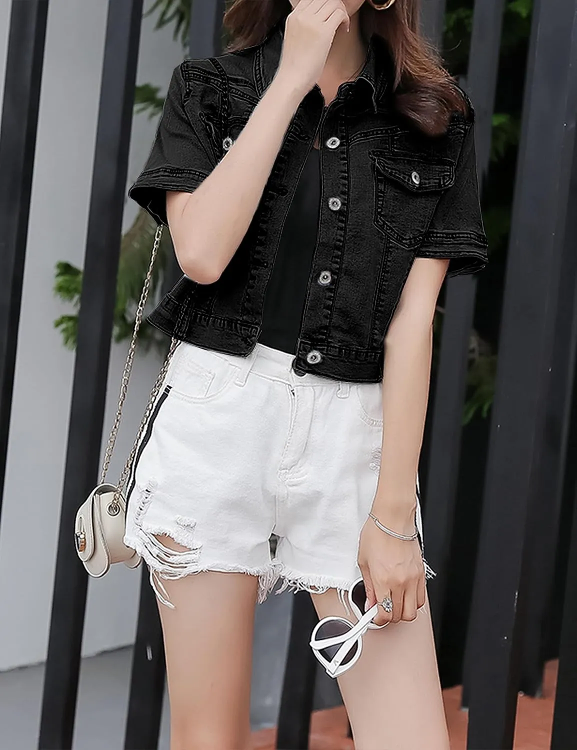 Omoone Women's Summer Short Sleeve Slim Crop Denim Trucker Jacket Jean Coat Tops