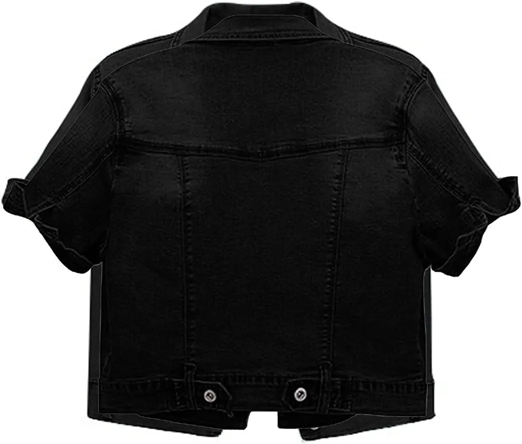 Omoone Women's Summer Short Sleeve Slim Crop Denim Trucker Jacket Jean Coat Tops