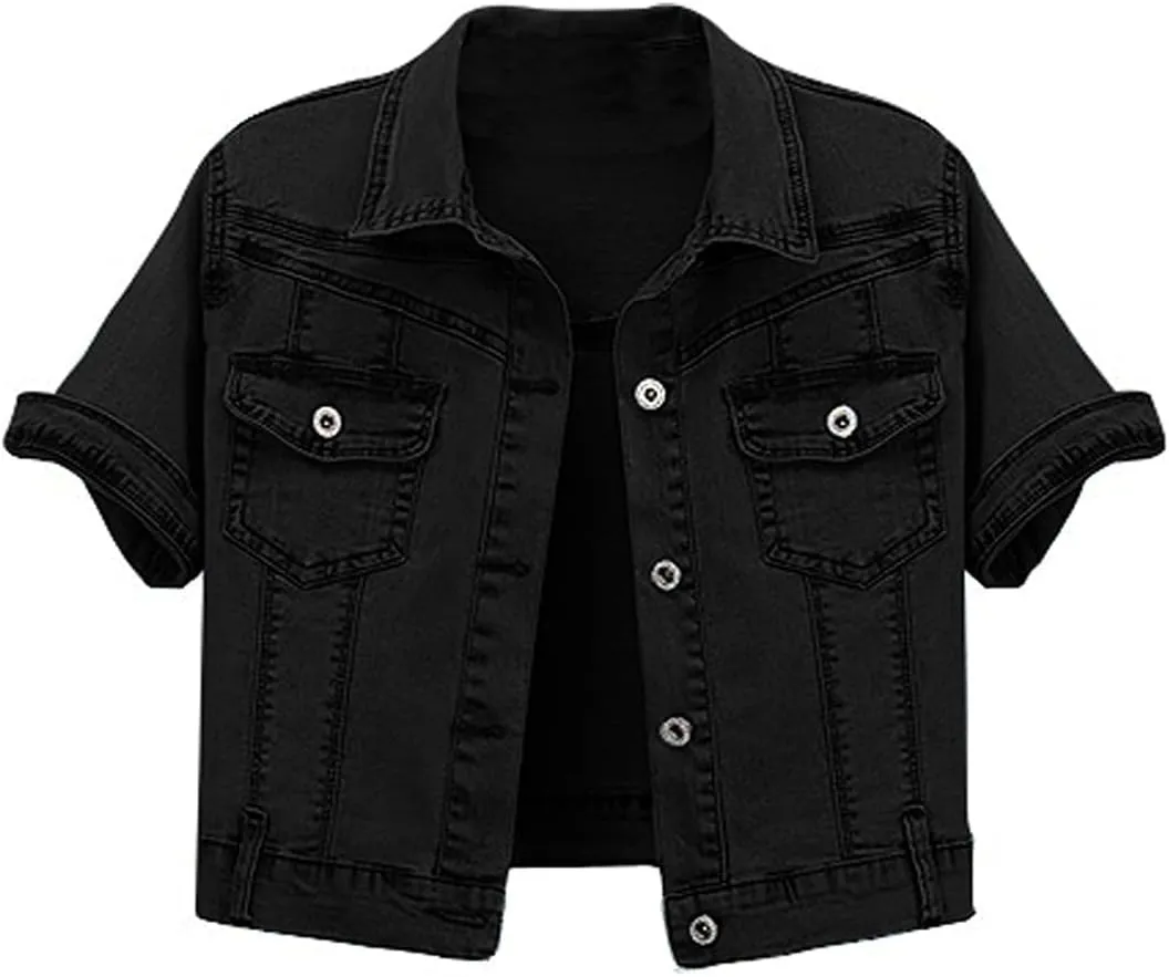 Omoone Women's Summer Short Sleeve Slim Crop Denim Trucker Jacket Jean Coat Tops