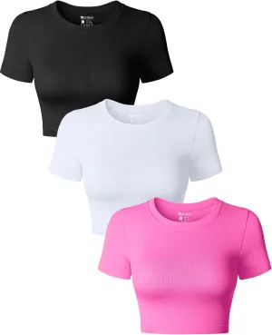 OQQ Women's 3 Piece Crop Tops Crew Neck Shorts Sleeve Stretch Fitted Shirts Crop Tops