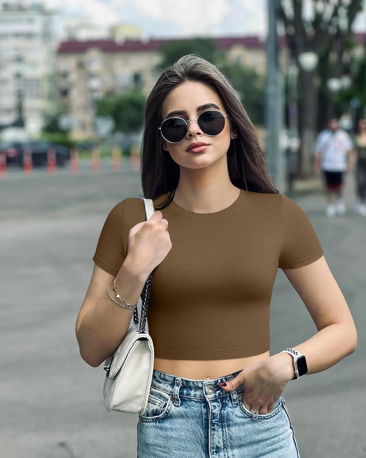 OQQ Women's 3 Piece Crop Tops Crew Neck Shorts Sleeve Stretch Fitted Shirts Crop Tops