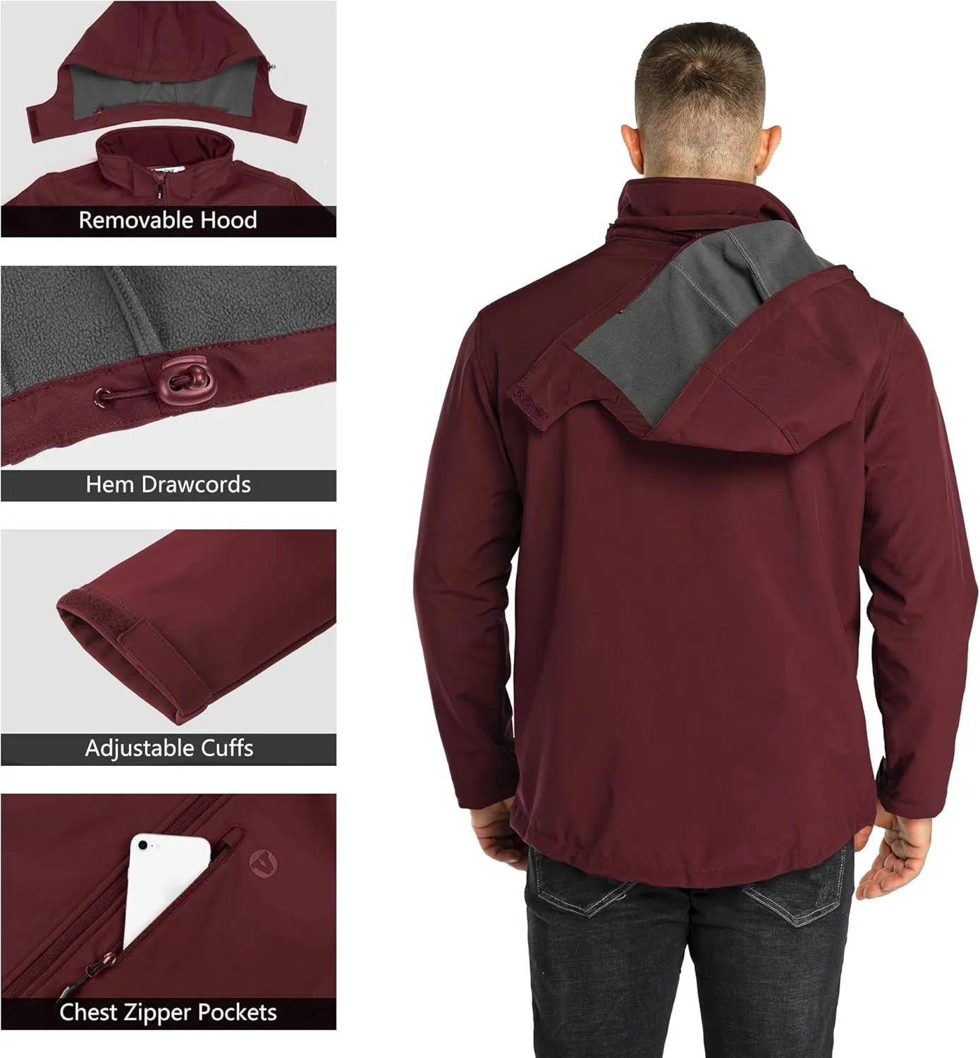 Outdoor Ventures Men's Lightweight Softshell Jacket Fleece Lined Hooded Water Resistant Winter Hiking Windbreaker Jackets
