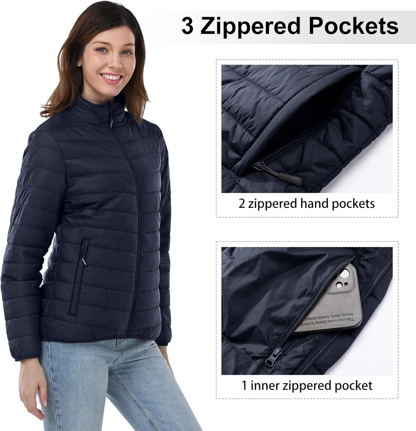 Outdoor Ventures Women's Packable Full-Zip Short Puffer Jacket Insulated Quilted Warm Lightweight Winter Coat