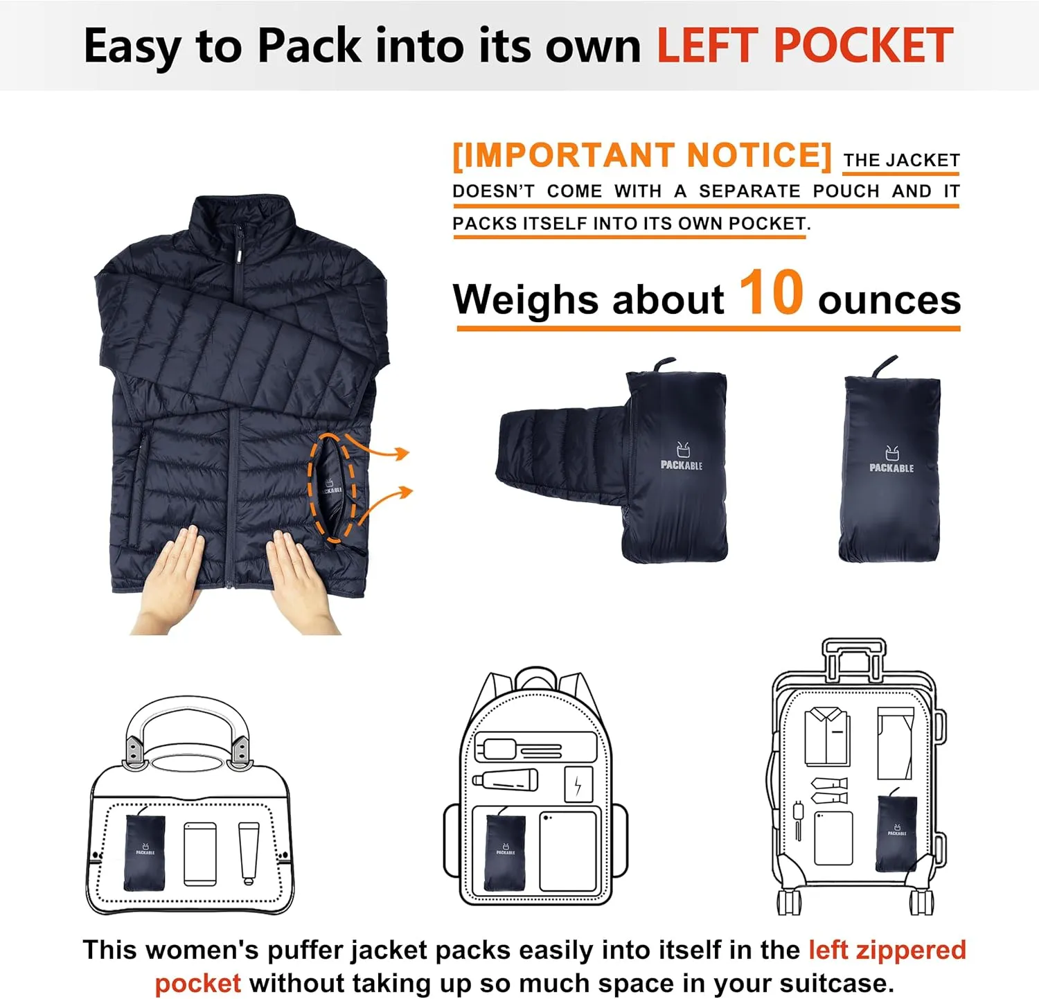 Outdoor Ventures Women's Packable Full-Zip Short Puffer Jacket Insulated Quilted Warm Lightweight Winter Coat