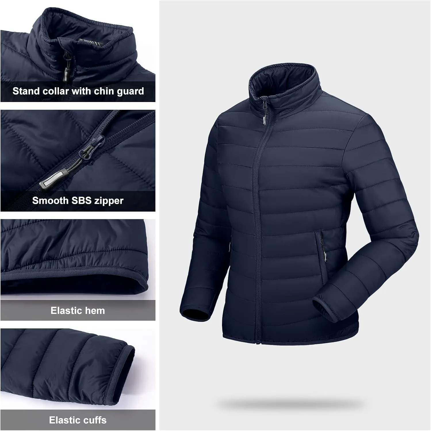 Outdoor Ventures Women's Packable Full-Zip Short Puffer Jacket Insulated Quilted Warm Lightweight Winter Coat