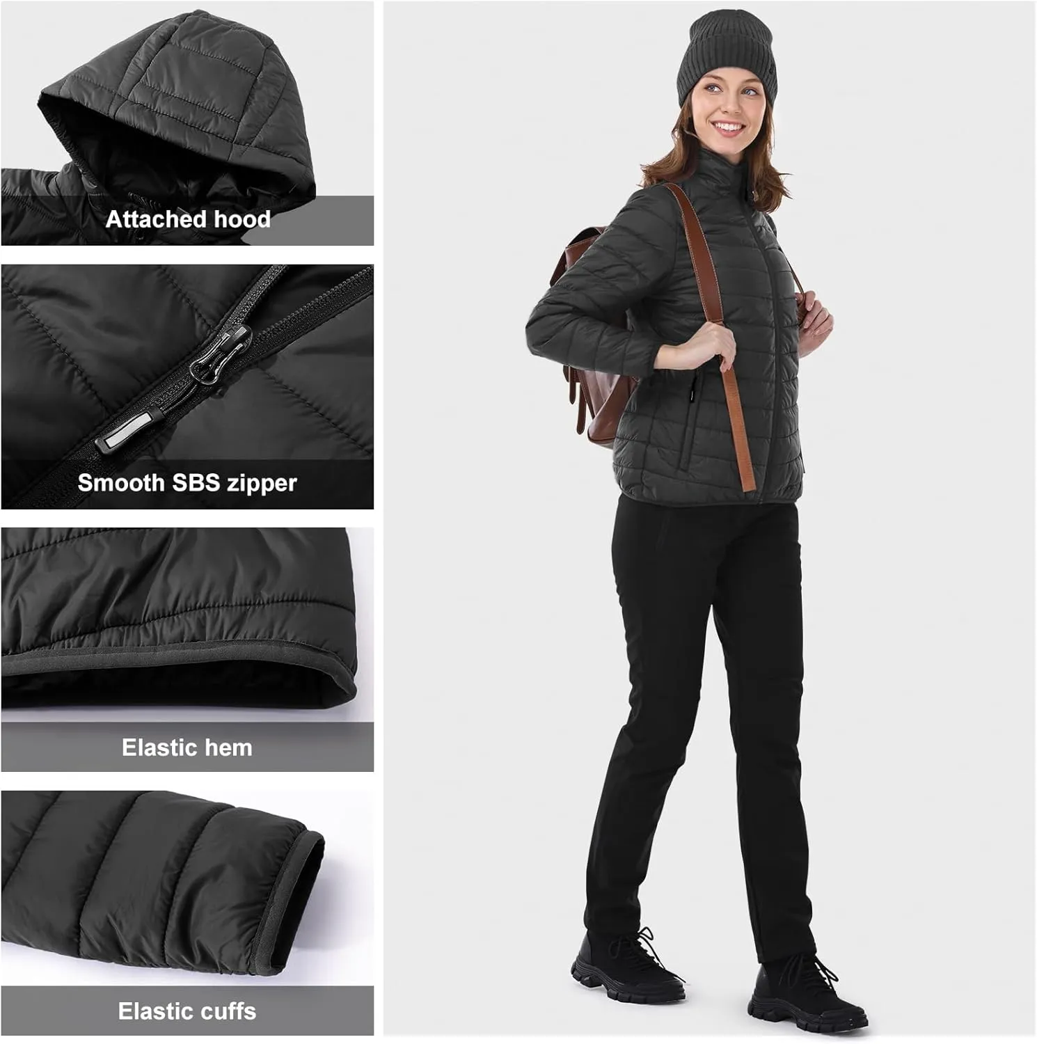 Outdoor Ventures Women's Packable Lightweight Full-Zip Puffer Jacket with Hood Quilted Winter Coat