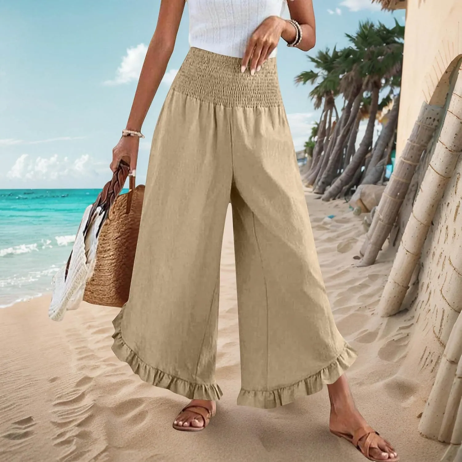 Palazzo Pants for Women Stretch Smocked High Waisted Ruffle Hem Loose Fit Pant Summer Casual Linen Wide Leg Trousers