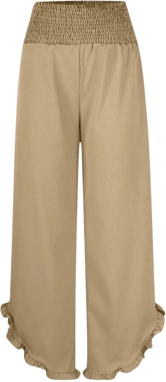 Palazzo Pants for Women Stretch Smocked High Waisted Ruffle Hem Loose Fit Pant Summer Casual Linen Wide Leg Trousers