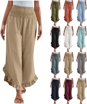 Palazzo Pants for Women Stretch Smocked High Waisted Ruffle Hem Loose Fit Pant Summer Casual Linen Wide Leg Trousers