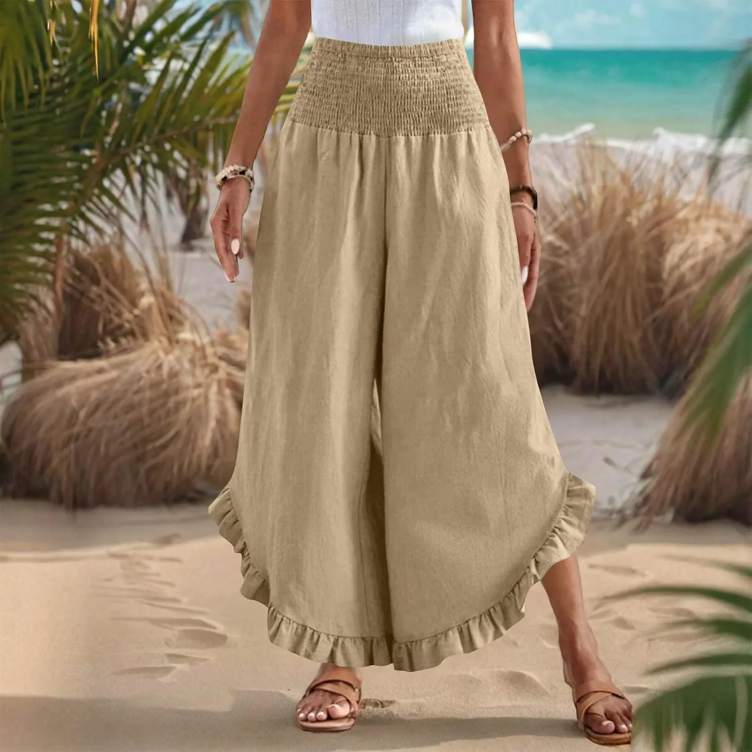 Palazzo Pants for Women Stretch Smocked High Waisted Ruffle Hem Loose Fit Pant Summer Casual Linen Wide Leg Trousers