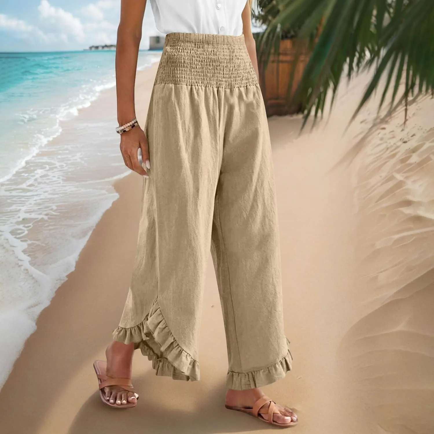 Palazzo Pants for Women Stretch Smocked High Waisted Ruffle Hem Loose Fit Pant Summer Casual Linen Wide Leg Trousers