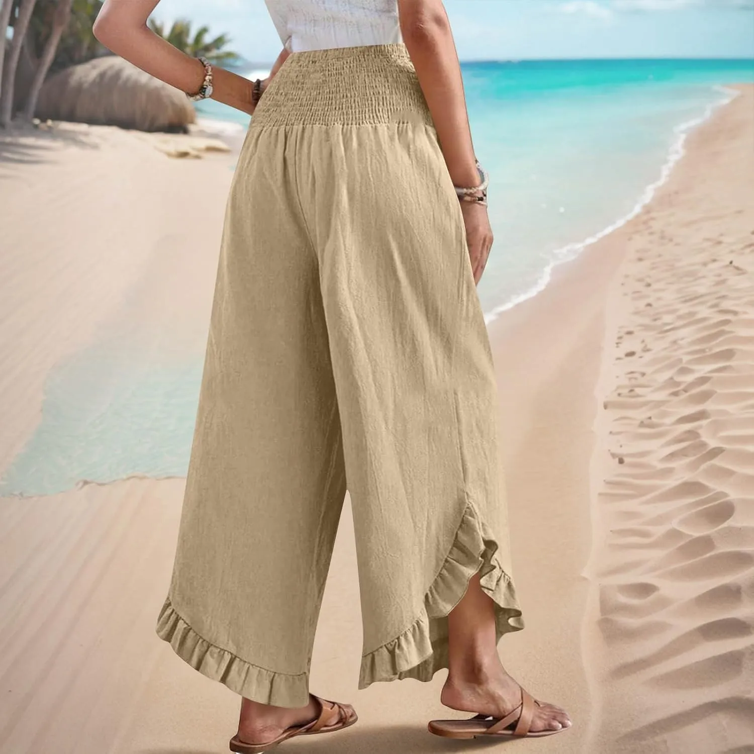 Palazzo Pants for Women Stretch Smocked High Waisted Ruffle Hem Loose Fit Pant Summer Casual Linen Wide Leg Trousers