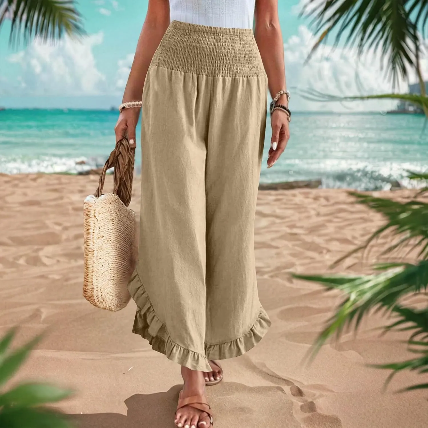 Palazzo Pants for Women Stretch Smocked High Waisted Ruffle Hem Loose Fit Pant Summer Casual Linen Wide Leg Trousers
