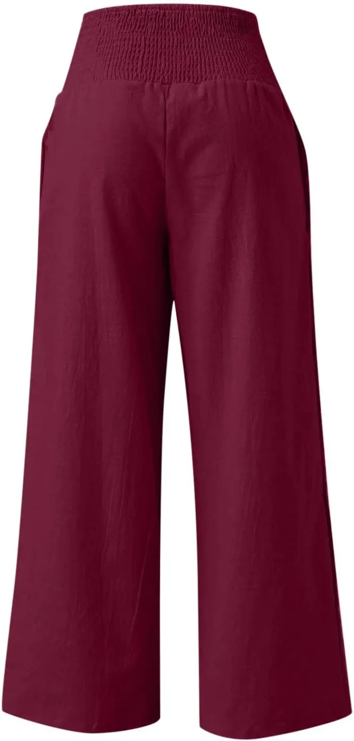 Palazzo Pants for Women Summer High Waist Wide Leg Beach Pant Trendy Casual Loose Lounge Flowy Trousers with Pockets
