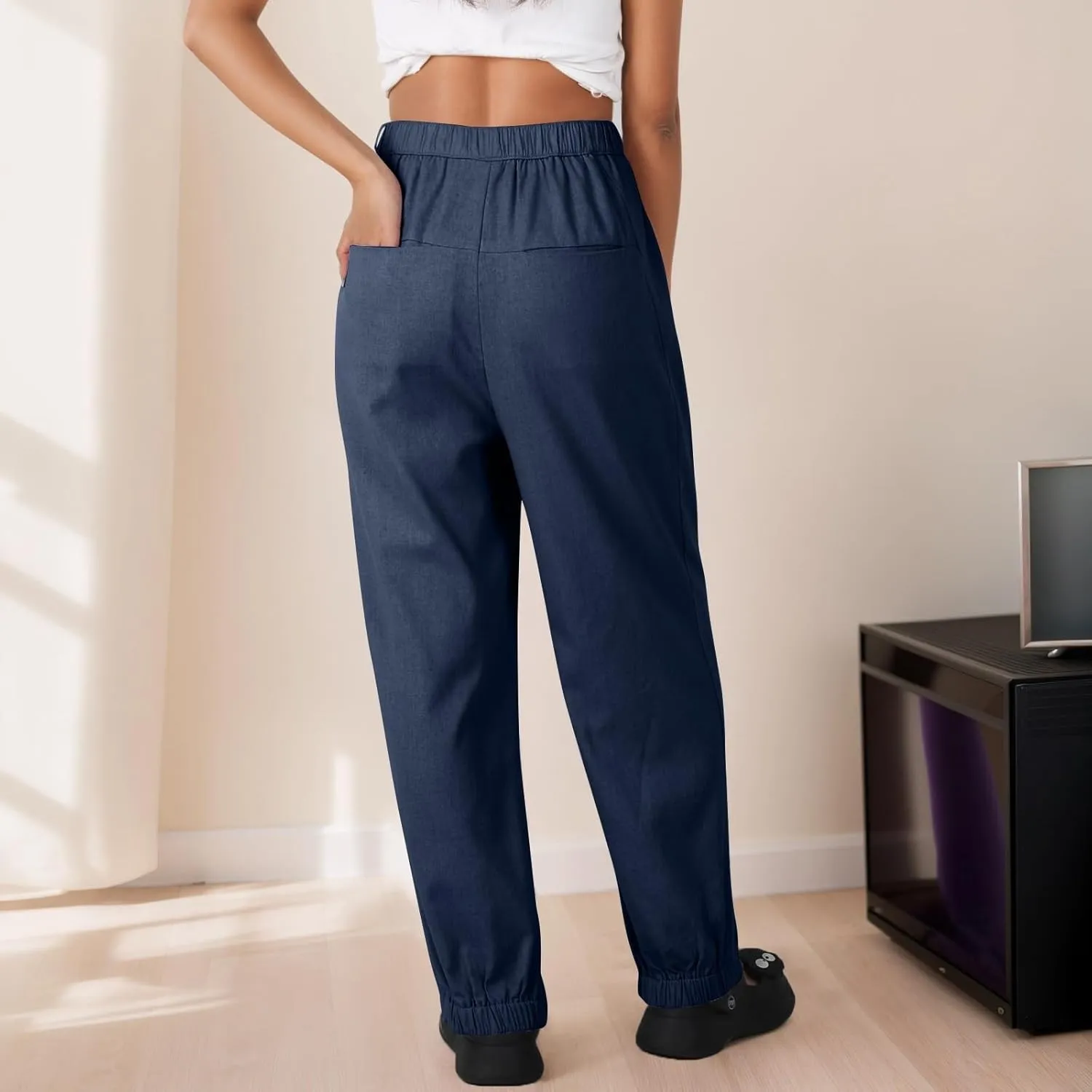 Pants for Women Women's Autumn Fashion Solid Color Elastic Waisted Casual Cropped Pants with Pockets 2024