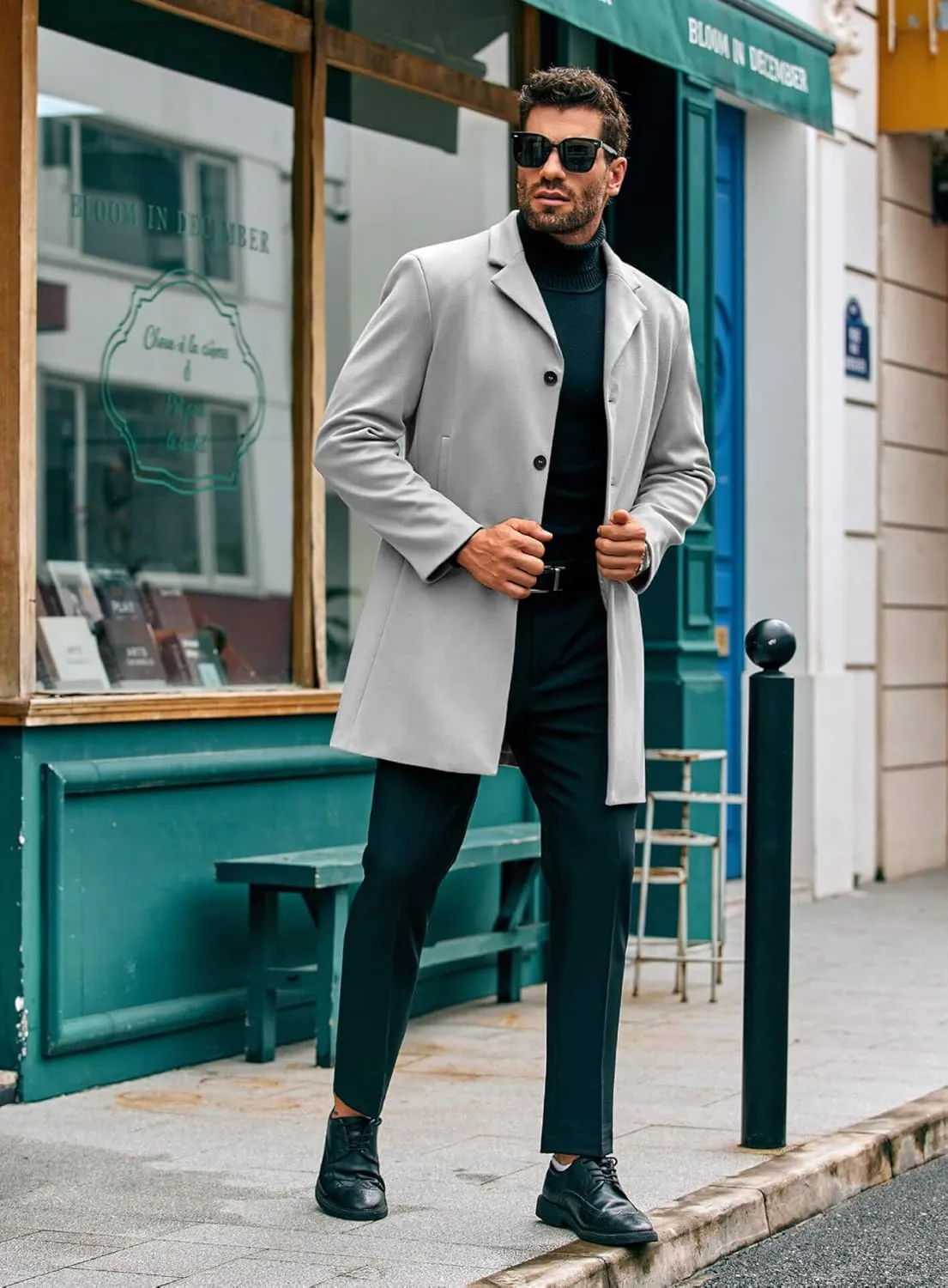PASLTER Mens Mid Long Trench Coat Slim Fit Winter Pea Coat Single Breasted Business Overcoat