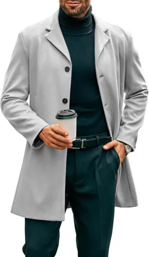 PASLTER Mens Mid Long Trench Coat Slim Fit Winter Pea Coat Single Breasted Business Overcoat