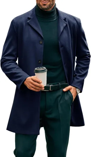 PASLTER Mens Mid Long Trench Coat Slim Fit Winter Pea Coat Single Breasted Business Overcoat
