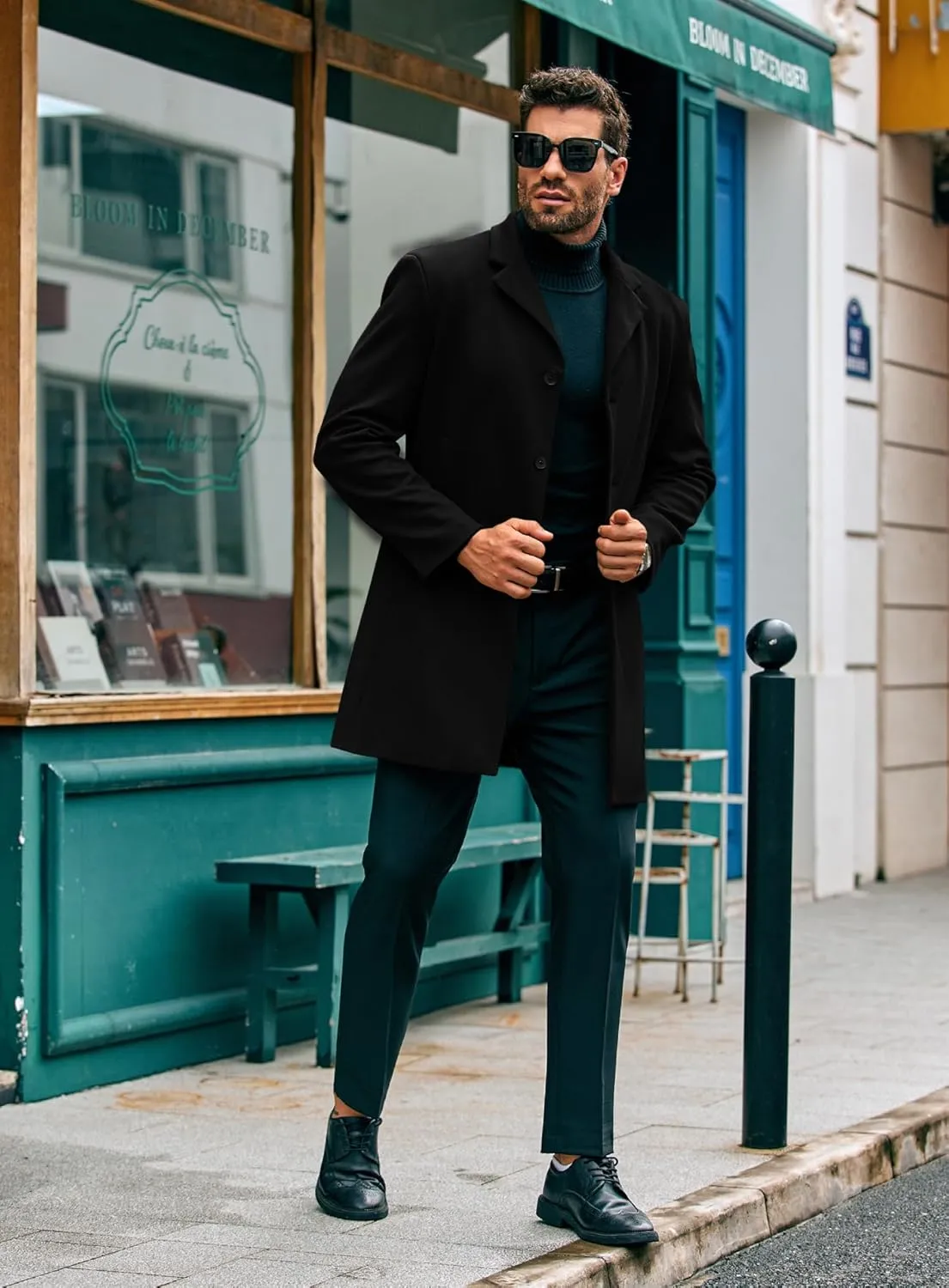 PASLTER Mens Mid Long Trench Coat Slim Fit Winter Pea Coat Single Breasted Business Overcoat
