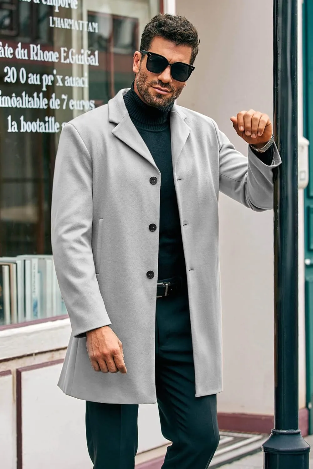 PASLTER Mens Mid Long Trench Coat Slim Fit Winter Pea Coat Single Breasted Business Overcoat