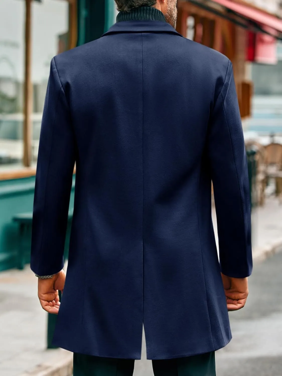 PASLTER Mens Mid Long Trench Coat Slim Fit Winter Pea Coat Single Breasted Business Overcoat