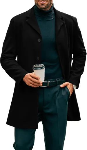 PASLTER Mens Mid Long Trench Coat Slim Fit Winter Pea Coat Single Breasted Business Overcoat