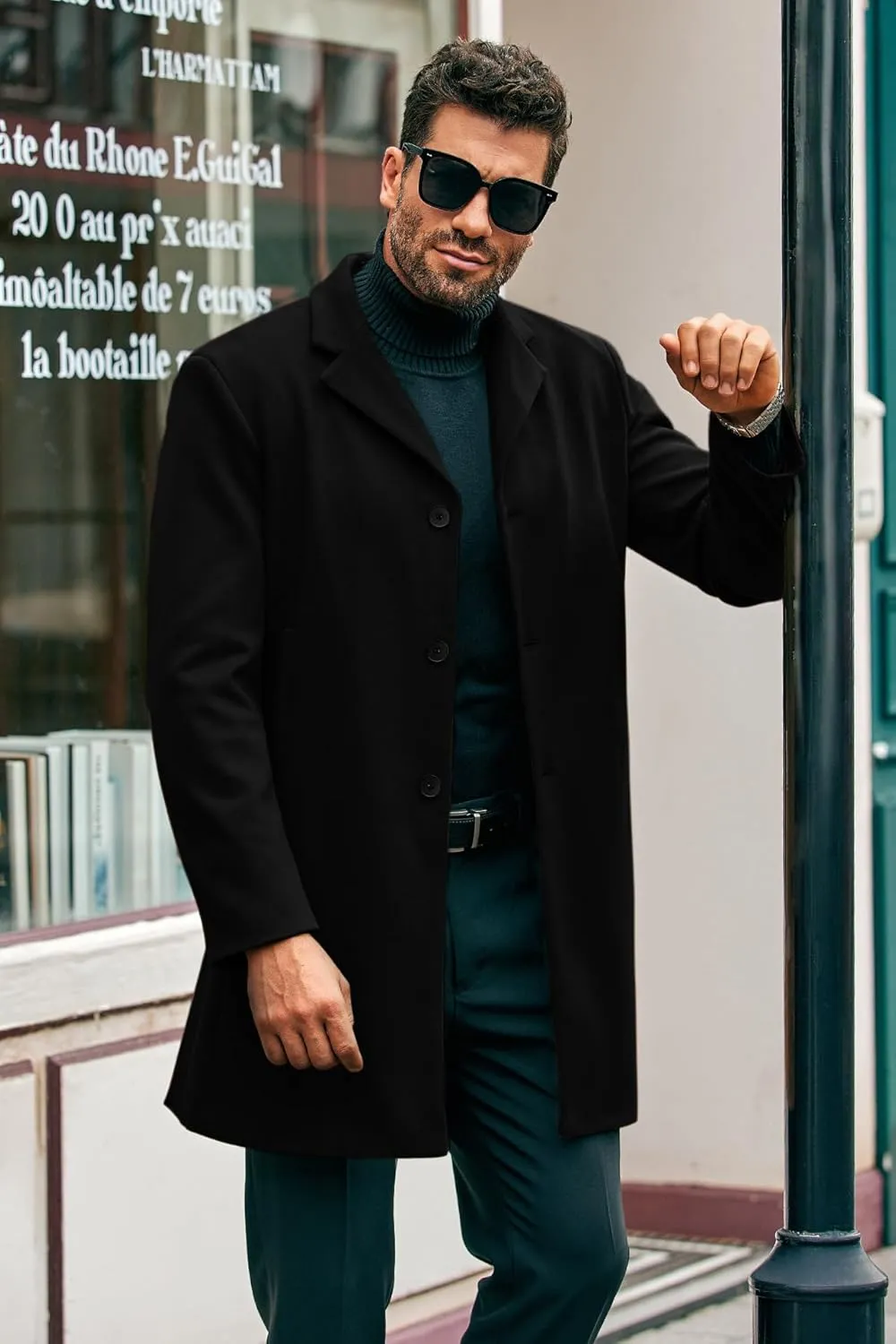 PASLTER Mens Mid Long Trench Coat Slim Fit Winter Pea Coat Single Breasted Business Overcoat