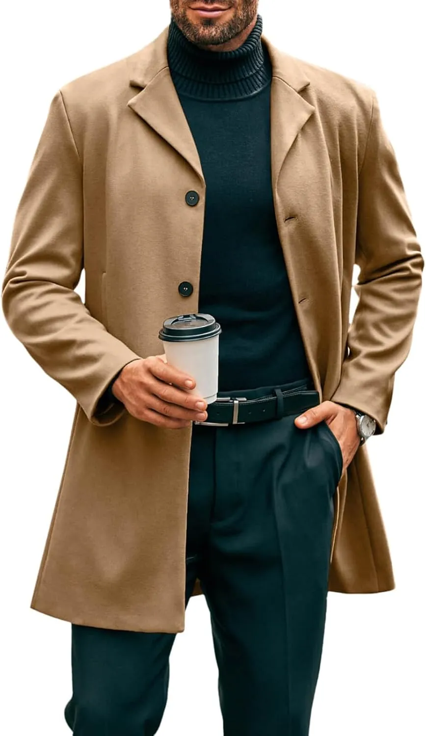 PASLTER Mens Mid Long Trench Coat Slim Fit Winter Pea Coat Single Breasted Business Overcoat