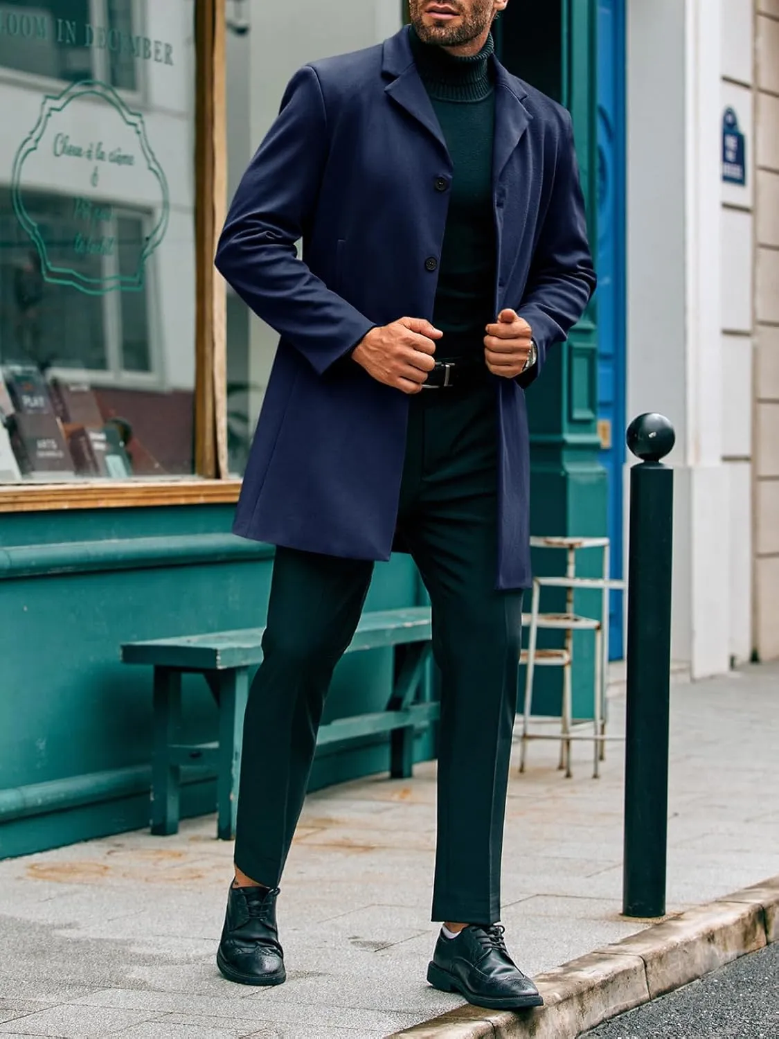 PASLTER Mens Mid Long Trench Coat Slim Fit Winter Pea Coat Single Breasted Business Overcoat