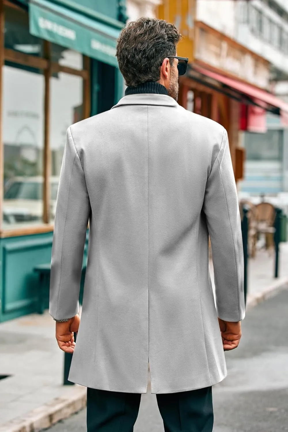 PASLTER Mens Mid Long Trench Coat Slim Fit Winter Pea Coat Single Breasted Business Overcoat