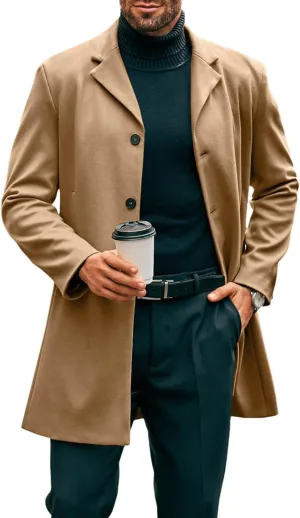 PASLTER Mens Mid Long Trench Coat Slim Fit Winter Pea Coat Single Breasted Business Overcoat