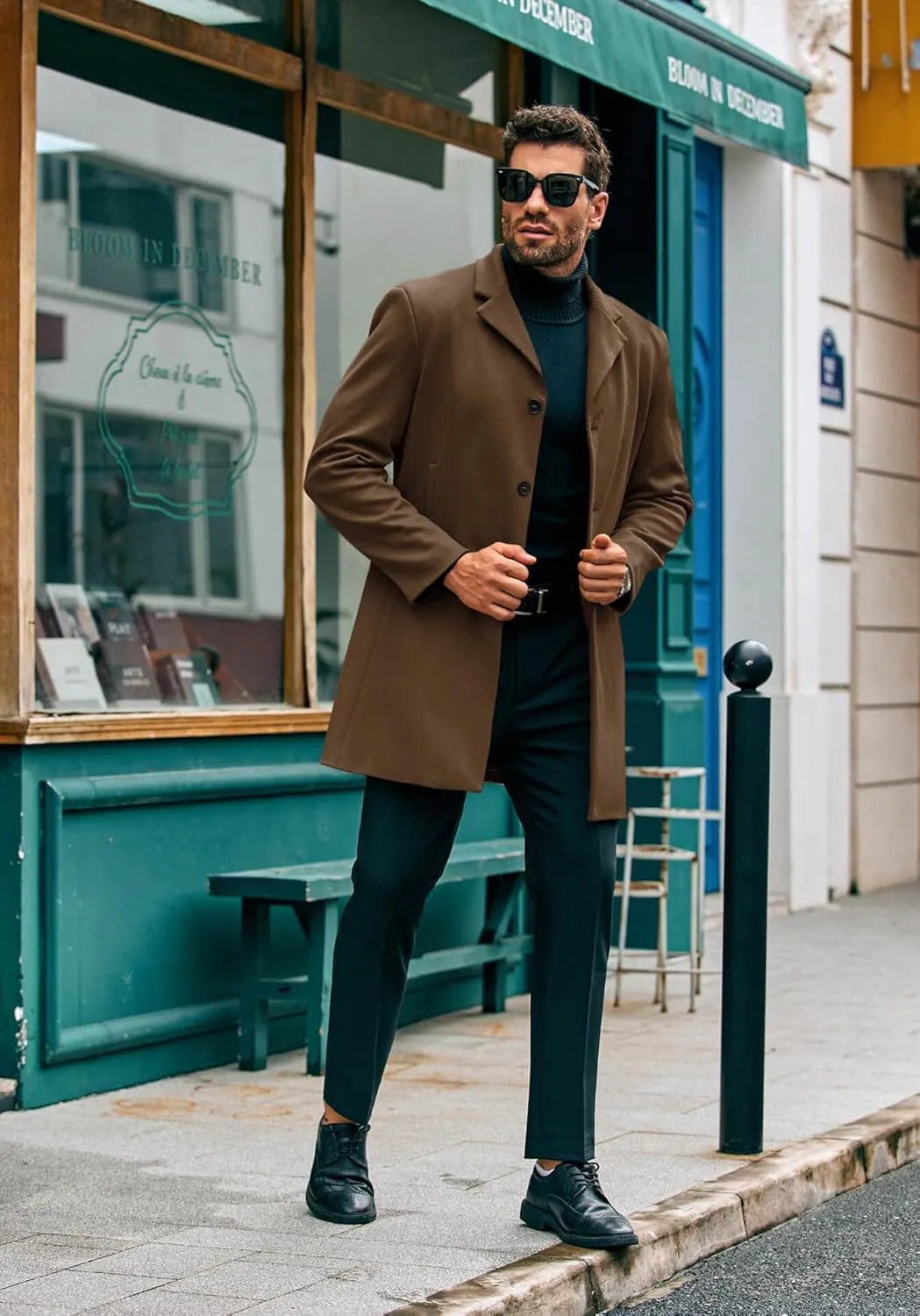 PASLTER Mens Mid Long Trench Coat Slim Fit Winter Pea Coat Single Breasted Business Overcoat
