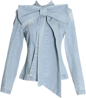 Patchwork Bow Denim Women's Jacket Stand Collar Long Sleeve Vintage Ruched Jacket Fashion Clothing